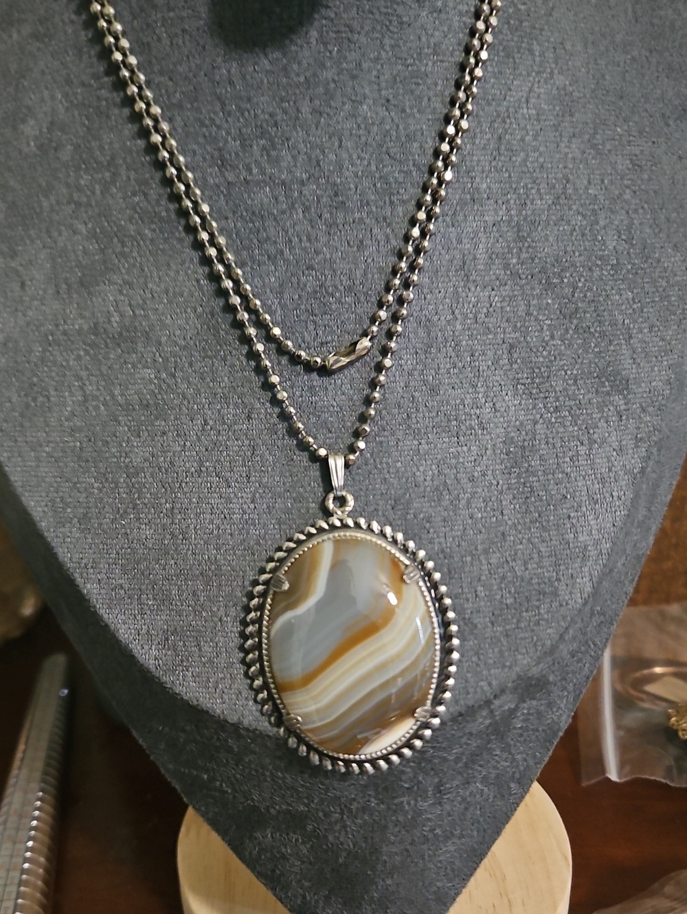 Silver Beaded Chain Necklace with Brown & Cream Striped Agate Pendant